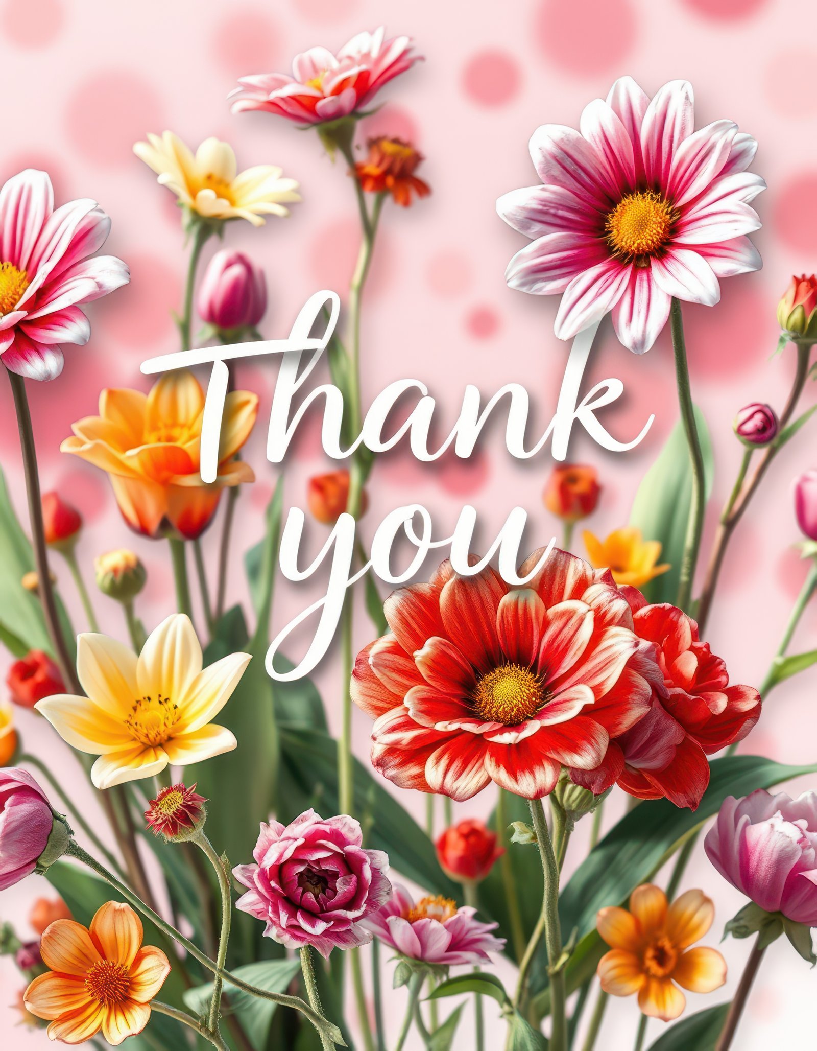 Colorful floral arrangement with thank you message on a soft pink background celebrating appreciation and gratitude